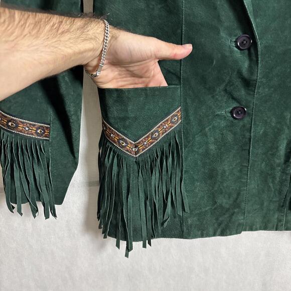 Scully Women's 10 Green Genuine Leather Navajo Patch Pocket Up Fringe Jacket - Picture 3 of 14